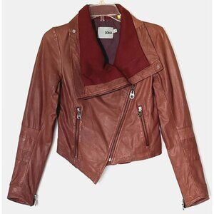 Doma Wine Genuine Leather Asymmetrical Zip Biker Moto Jacket